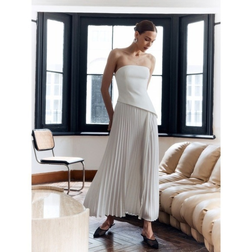 Commense White Strapless Pleated Maxi Dress with Slit - Elegant Party Cocktail - Picture 5 of 12